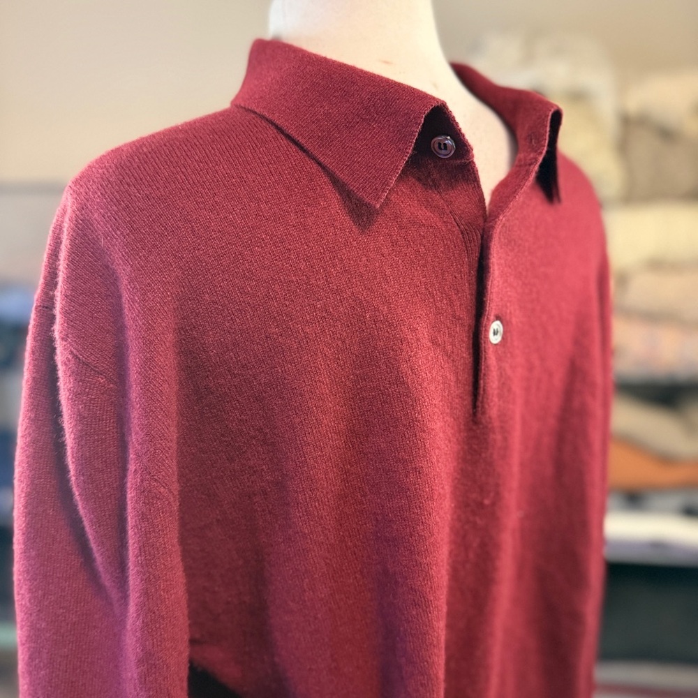 Cashmere Boutique Men’s Cashmere Collared Button-Neck, Brick-Red, XL